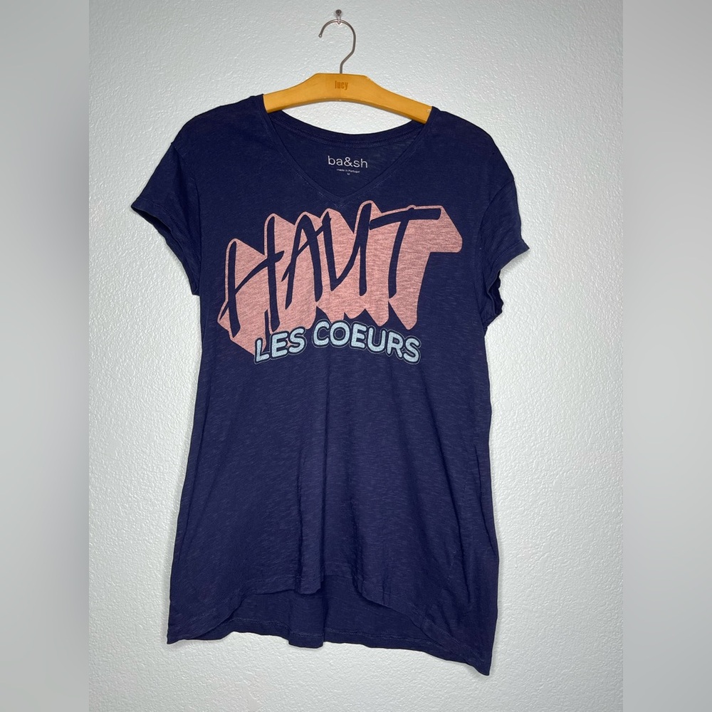 ba&sh Dark Blue Tee with Pink Graphic